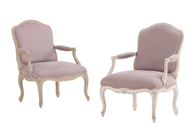 PAIR OF FRENCH LOUIS XV STYLE PAINTED OPEN ARMCHAIRS C 1940 HAVING RECENT FABRIC