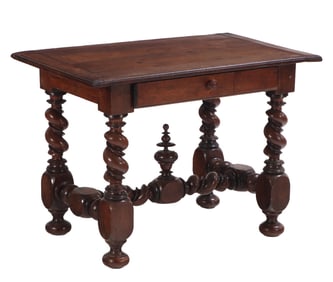 EIGHTEENTH CENTURY CONTINENTAL WALNUT TABLE HAVING TWISTED ELEMENTS AND A SINGLE DRAWER.