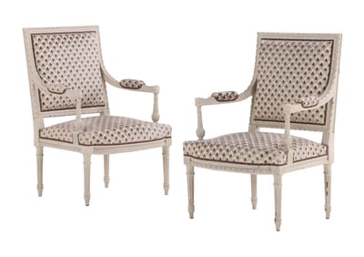 PAIR FRENCH LOUIS XVI STYLE PAINTED OPEN ARMCHAIRS HAVING CARVED FRAMES C 1930.