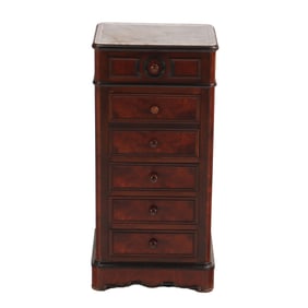 TALL NINETEENTH CENTURY WALNUT AND BURL WALNUT MARBLE TOP NIGHT STAND HAVING A TIN LINED