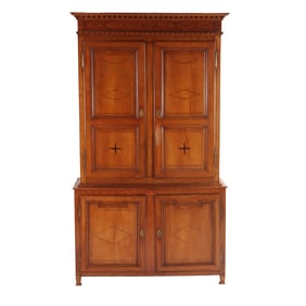 TWO PART FRENCH CHERRY INLAID CABINET C 1820. THE CASE HAVING FOUR DOORS WITH EXTENSIVE INLAY AND A
