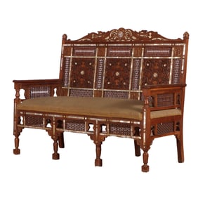 SYRIAN THREE SEAT UPHOLSTERED SOFA HAVING STICK AND BALL MOTIFS WITH INLAYS OF MOTHER OF PEARL AND