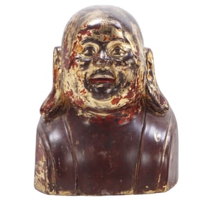 A HEAVY PAINTED STONE FIGURE OF BUDDHA.