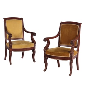 PAIR FRENCH RESTORATION MAHOGANY OPEN ARM CHAIRS C 1840.