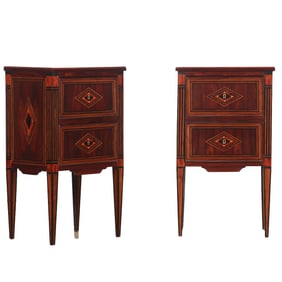 PAIR ITALIAN NEOCLASSICAL STYLE PETITE INLAID TWO DRAWER COMMODES.