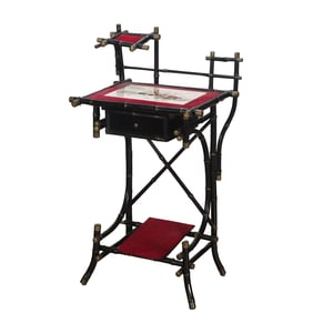 TILE, EBONIZED BAMBOO AND RED FELT AESTHETIC MOVEMENT HALL TABLE HAVING A SINGLE DRAWER.