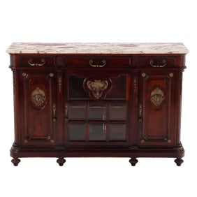 MAHOGANY MARBLE TOP SIDEBOARD HAVING THREE DRAWERS OVER A CENTRAL DOOR WITH BEVELED GLASS PANELS