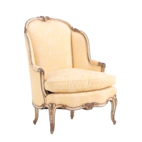 FRENCH LOUIS XV PAINTED, CARVED AND GILTWOOD BERGERE CHAIR WITH LOOSE CUSHION SEAT C 1910.