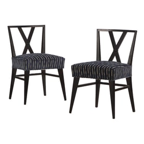 STYLISH PAIR OF MAHOGANY SIDECHAIRS HAVING X FORM BACKS AND RECENT UPHOLSTERY,