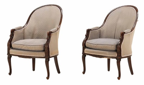 PAIR SWAN CARVED MAHOGANY LOUNGE CHAIRS IN THE EMPIRE STYLE C 1940.