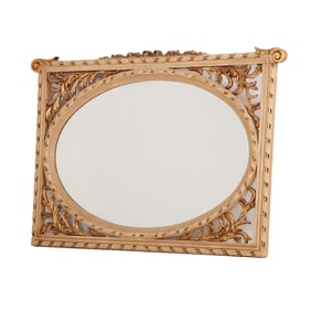 RELIEF CARVED, PAINTED AND GILT MIRROR C 1925 HAVING AN OVAL PLATE GLASS MIRROR.