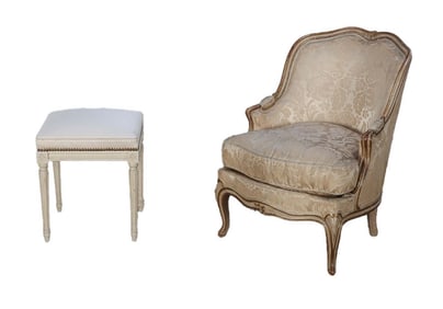 PAINTED AND GILT LOUIS XV STYLE FRENCH BERGERE CHAIR C 1900 ALONG WITH A LOUIS XVI STYLE PAINTED