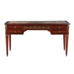 FRENCH MAHOGANY BRONZE MOUNTED LEATHER TOP DESK WITH PULL OUT WRITING SLIDES C 1920.