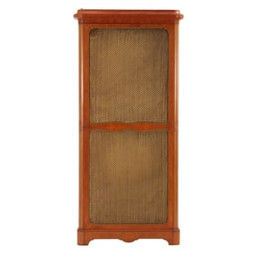 FRENCH SATINWOOD CABINET HAVING A BRASS GRILL OPENING TO A TRYPTIC DRESSING MIRROR C 1900.