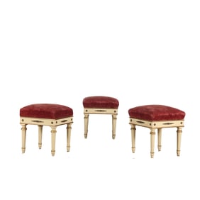 THREE PAINTED AND GILT WOOD ITALIAN EMPIRE STYLE UPHOLSTERED STOOLS C 1890.