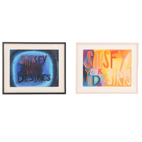 A PAIR OF OUTSIDER ART PAINTINGS TITLED SATISFY MY DESIRES, MIONED MEDIA ON PAPER