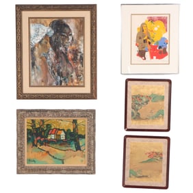 5 ARTWORKS INCLUDING DONALD PURDY LANDSCAPE, JOHN UHT OIL PAINTING, YANKEL GINSBURG SILKSKEEN AND 2