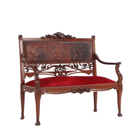 ITALIAN WALNUT ART NOUVEAU OPEN ARM SETTEE WITH EMBOSSED LEATHER BACK C 1920.