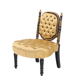 PETITE EBONIZED AND GILT BOUDOIR CHAIR WITH BUTTON BACK UPHOLSTERY AND TURNED LEGS C 1880