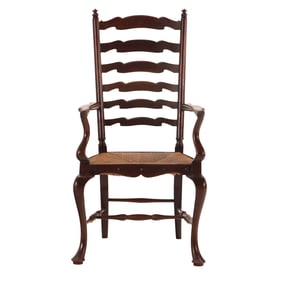 INTERESTING SOLID MAHOGANY AND RUSH OPEN ARM CHAIR C 1890.