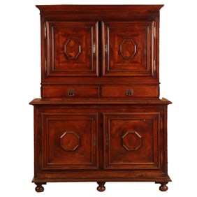 EIGHTEENTH CENTURY FOUR PIECE WALNUT CUPBOARD HAVING FOUR DOORS AND TWO DRAWERS.