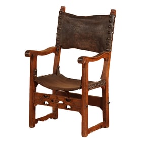 EIGHTEENTH CENTURY WALNUT AND LEATHER OPEN ARM CHAIR.