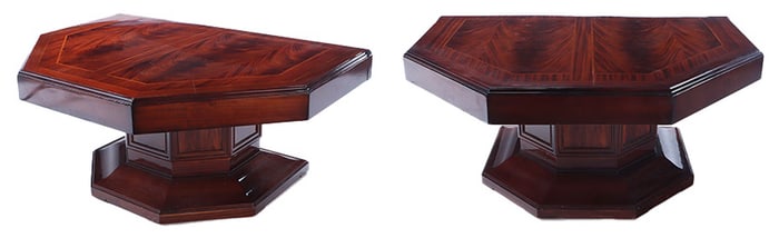 PAIR GRAND SCALE CROTCH MAHOGANY CONSOLE TABLES ON PEDESTAL BASE.