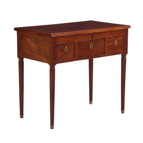 NINETEENTH CENTURY MAHOGANY CONSOLE TABLE HAVING A LIFT LID WITH MIRROR ON REVERSE OPENING TO A