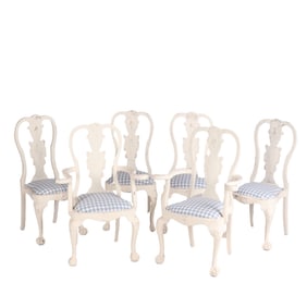 SIX PAINTED QUEEN ANNE STYLE TALL BACK DINING ROOM CHAIRS HAVING BALL AND CLAW FEET.