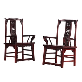 PAIR OF CARVED CHINESE OPEN ARM CHAIRS WITH PIERCED CARVED SPLAT.