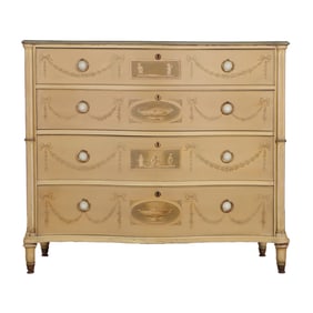 ADAMS STYLE PAINT DECORATED FOUR DRAWER DRESSER HAVING WEDGWOOD PULLS.