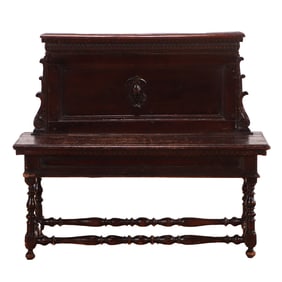 EIGHTEENTH CENTURY ITALIAN WALNUT LIFT LID BENCH WITH BACK SPLASH HAVING TURNED ELEMENTS.