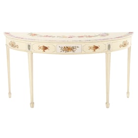 PAINTED DEMILUNE CONSOLE TABLE WITH FLORAL DECORATION.