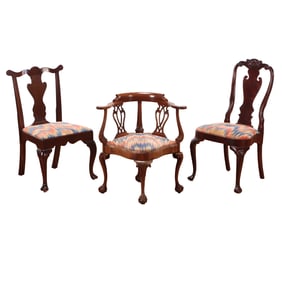 SPANISH FOOT MAHOGANY CHAIR, A CHIPPENDALE STYLE CORNER CHAIR AND QUEEN ANNE STYLE DINING CHAIR.
