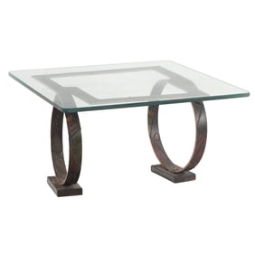 IRON AND GLASS TOP TABLE IN THE MANNER OF PAUL EVANS.