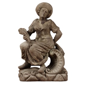 LARGE CAST STONE GARDEN ORNAMENT DEPICTING A FEMALE FIGURE HOLDING WHEAT.