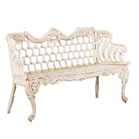 PAINTED CAST IRON "ROSE GARDEN" BENCH HAVING INVERTED HORSE SHOES.