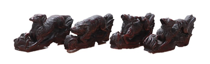 FOUR UNIQUE OAK ANIMAL CARVINGS C 1890.