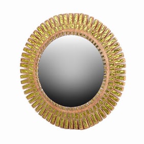 A lime glass & resin convex mirror in the manner of Line Vautrin .