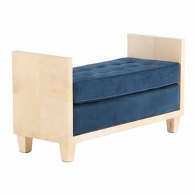 A large parchment covered upholstered bench in the manner of Jean-Michel Frank .