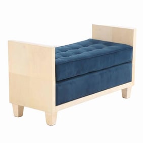A large parchment covered upholstered bench in the manner of Jean-Michel Frank  .