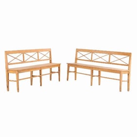 A fine pair of pine cross-banded hall benches C 1900.
