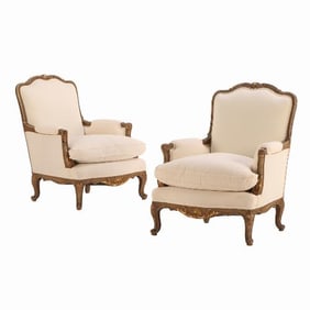 A Pair of French Louis XV style painted and giltwood bergere chairs C 1940 .