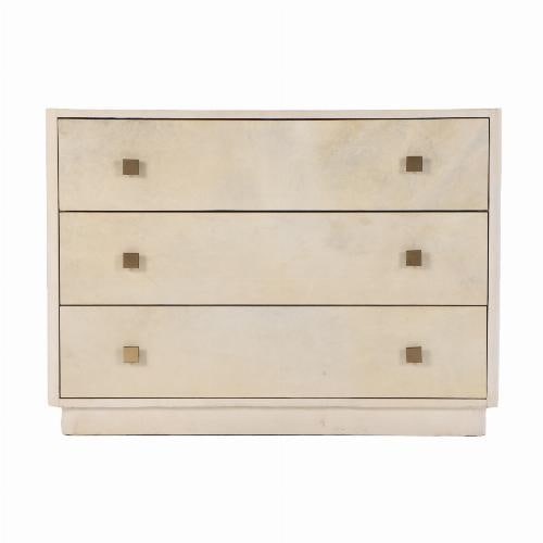 French Art Deco parchment covered dresser in the manner of Samuel Marx C 1930 .: The case has three long drawers with brass square hardware all floating on a recessed base. Samuel Marx was an American architect and designer. Ht: 30.25" Wd: 41.75" Dpth: 18.75"