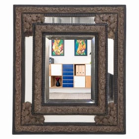 Small Continental brass and wood repousse mirror 19th C.