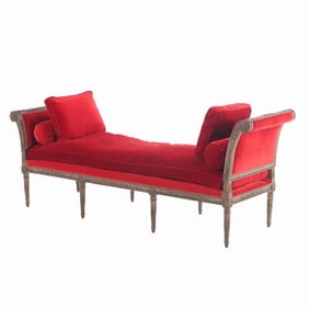 A large Louis XVI style upholstered walnut window bench C 1900.