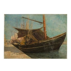 Frederic Montenard  (French 1849-1926) "Fishing Boats in a Harbor" Oil on canvas.