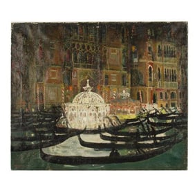 Alfred Reginald Thomson (British 1895 - 1979) Venetian Scene gondolas surrounding a fountain