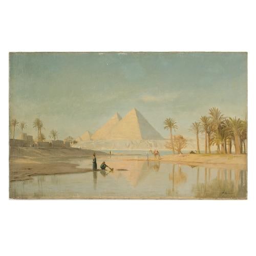 John Peter Kornbeck (Dutch 1837-1894) "Pyramids" landscape.: John Peter Kornbeck (Dutch 1837-1894) "Pyramids" landscape. A expansive view of the flood plains of the Nile with people, palm trees, buildings and camel along the banks in the foreground and Pyramids