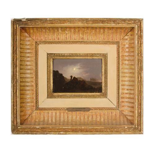 Johann Mongels Culverhouse (Dutch b 1820 - d 1891) "Camel in Full Moon" painting .: Johann Mongels Culverhouse (Dutch b 1820 - d 1891) "Camel in Full Moon" painting. - Oil on Panel- Framed dimensions: 13.75 in x 12.25 inThis item is not located at our Philadelphia gallery and is avai